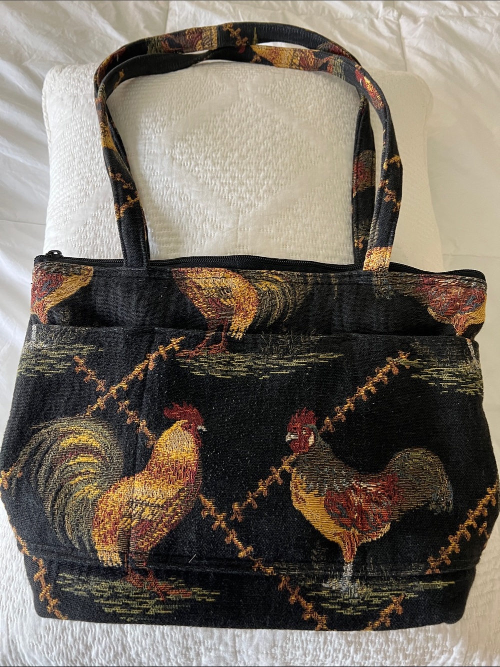 Rooster Tapestry Tote Bag - Black with Multicolor Rooster Motif